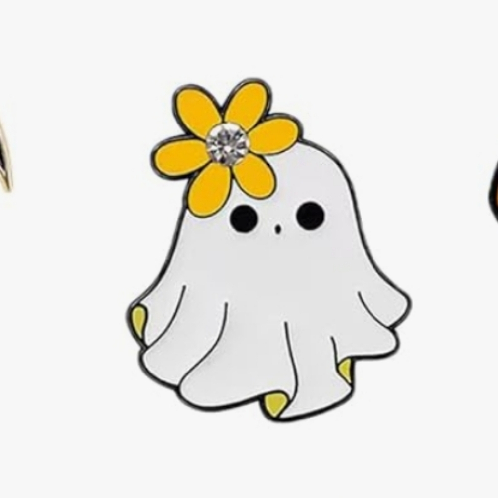 Cute White Ghost Enamel Pin with Yellow Flower